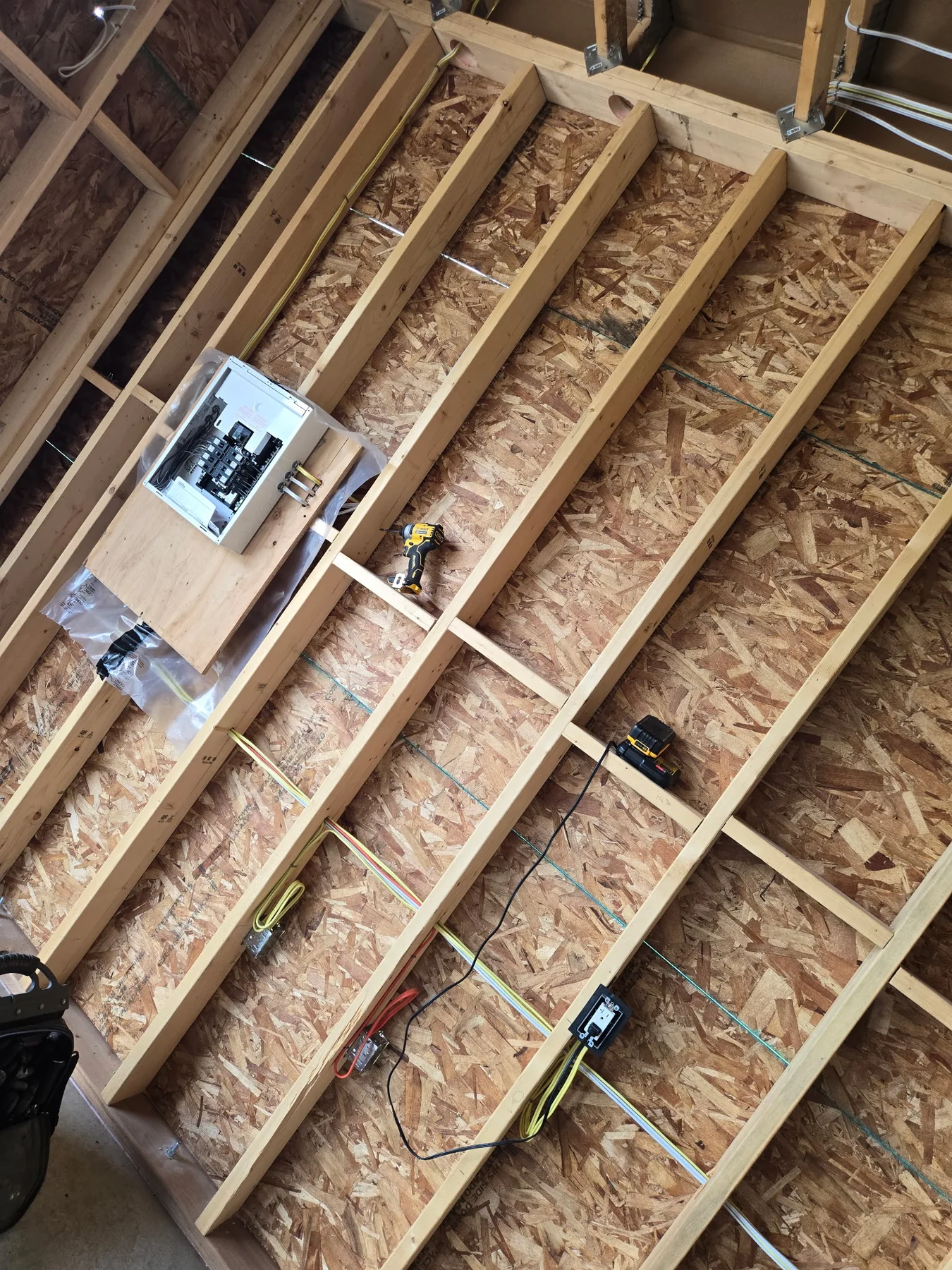 Electrical panel and branch wiring during a garage or shop rough-in