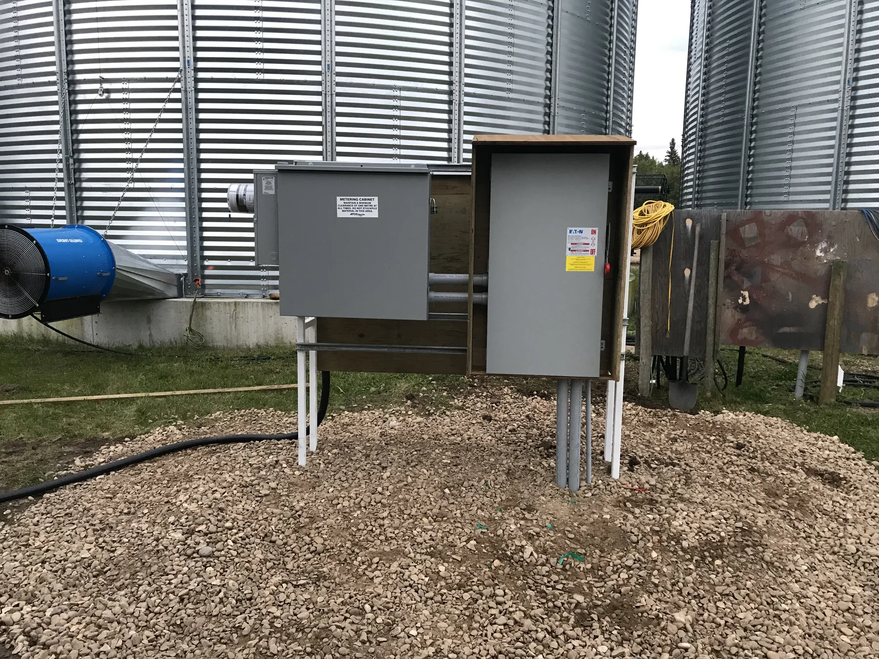 Electrical distribution equipment installed beside grain bins